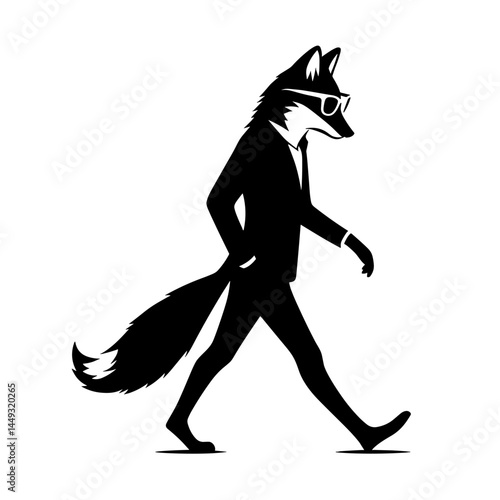 Fox in suit walking in style silhouette