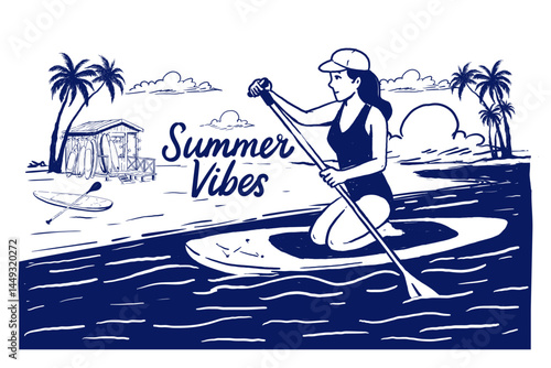 A woman in swimsuit paddles a SUP board near the beach with palm trees and a surf shack. The Summer Vibes caption adds to the relaxing vacation mood. Vector line illustration in blue ink.
