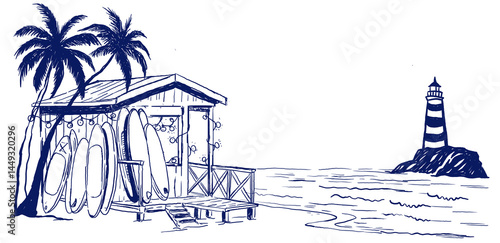 SUP station hut on the shore with boards and string lights, surrounded by palm trees, with a striped lighthouse on a distant rock. A coastal-themed vector line illustration perfect for summer prints, 
