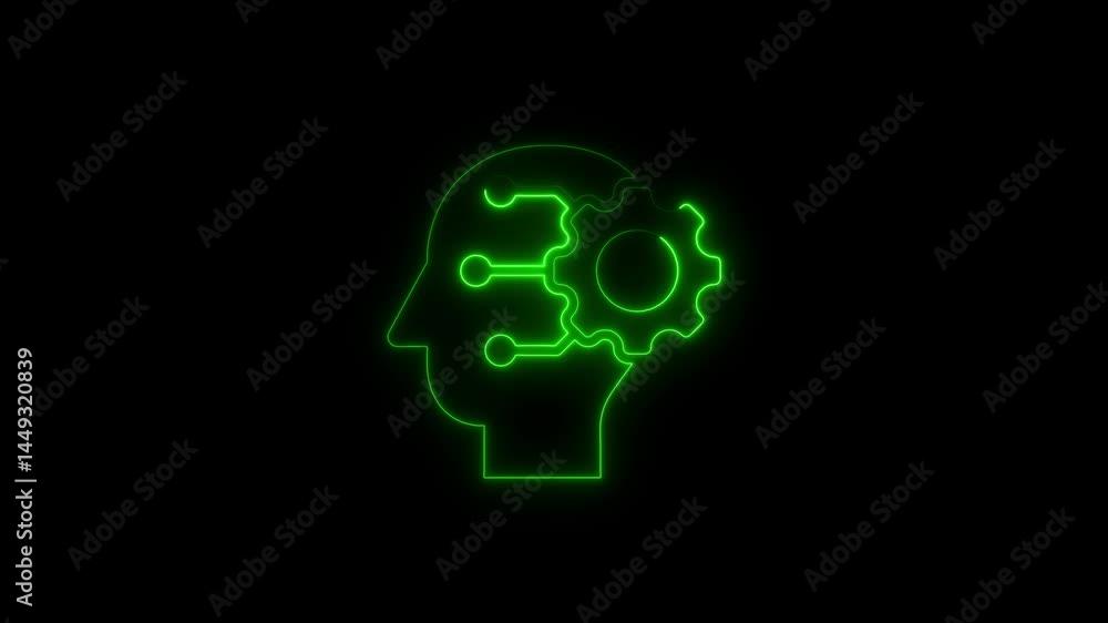 Glowing neon outline of a human head featuring a cogwheel symbolizing artificial intelligence Glowing neon outline of a human head featuring a cogwheel symbolizing artificial intelligence