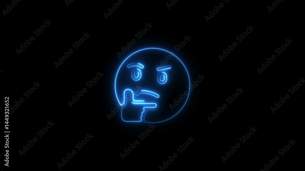 Illuminated neon blue thinking emoji with glowing outline on a black background Illuminated neon blue thinking emoji with glowing outline on a black background