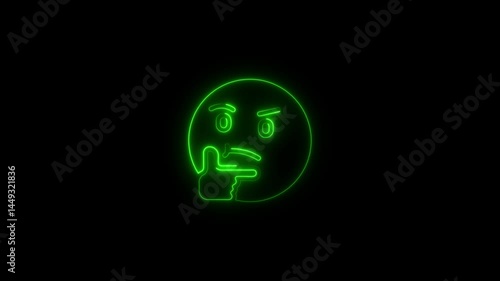 Animated green neon thinking face emoji isolated against a black background