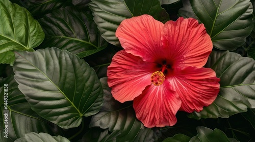 Wallpaper Mural Close-up of a vibrant red hibiscus flower with large glossy green leaves in a tropical garden, showcasing natural beauty and lush greenery in bright sunlight Torontodigital.ca