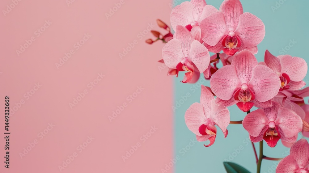 Fototapeta premium Close-up of a beautiful pink orchid flower plant with multiple blossoms and green leaves against a pastel pink and blue split background for floral decoration or botanical design