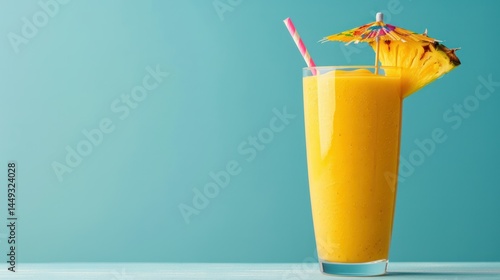 Refreshing tropical mango smoothie with decorative umbrella and straw in tall glass on vibrant blue background perfect for summer beverages and healthy drinks