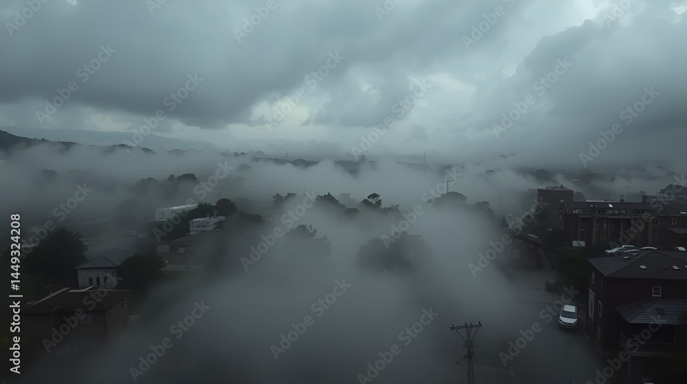 Fototapeta premium Suburban Landscape Shrouded in Dramatic Clouds and Fog with Atmospheric Tones and Urban Elements in Distress