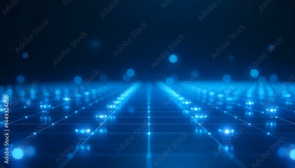 Obraz premium A grid of blue lines with white dots floating above it, dark blue background, futuristic, abstract, digital, abstract, modern, elegant, clean