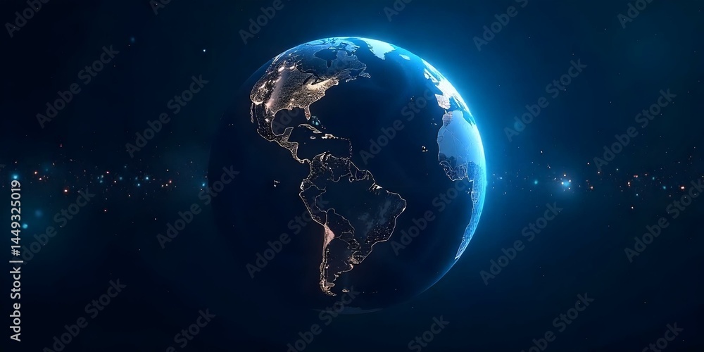 Fototapeta premium Planet Earth with city lights and blue data streams in a dark space background, digital rendering, global network