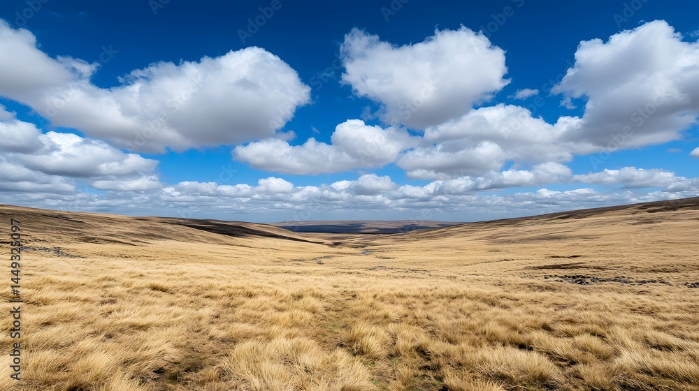 Fototapeta premium Serene Valley Landscape with Fluffy Clouds and Golden Grass