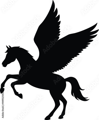 Black silhouette shows the pegasus rearing up and spreading its wings wide open to fly