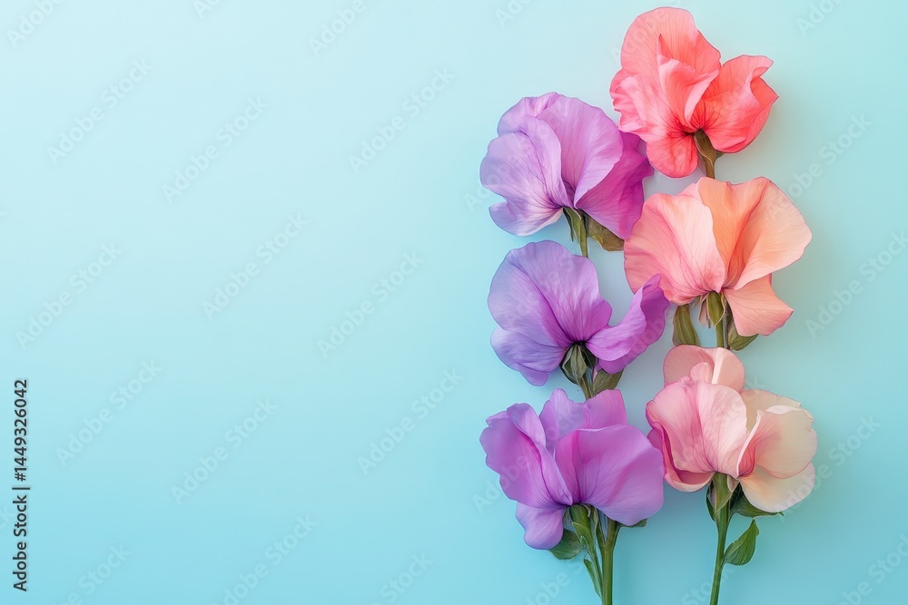 Fototapeta premium Delicate pastel colored sweet peas arranged vertically.