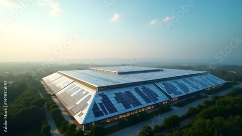 Aerial view of solar-powered factory with rooftop panels