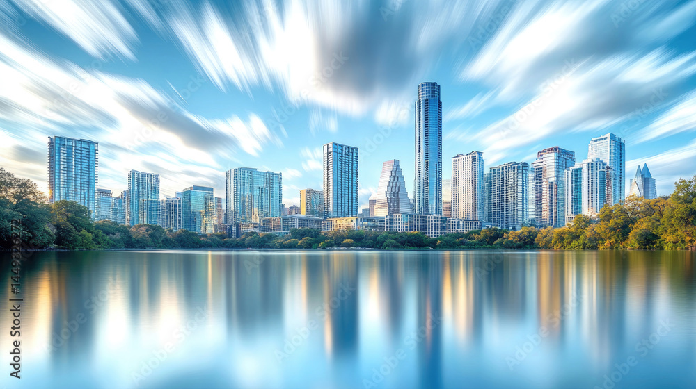 Obraz premium City skyline reflected in calm water, dramatic clouds. Skyscrapers, trees, and a tranquil lake