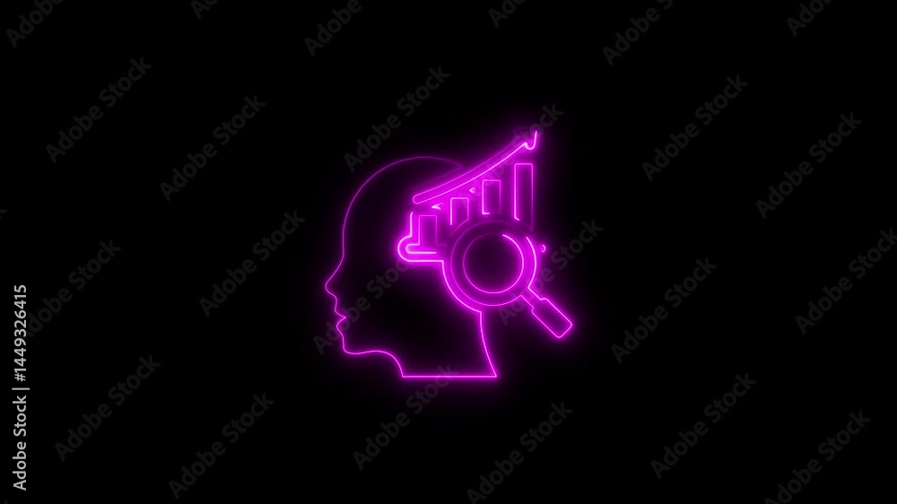 Neon illustration of brain analytics featuring graphs and a magnifying glass Neon illustration of brain analytics featuring graphs and a magnifying glass