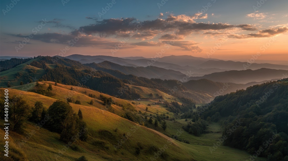 Fototapeta premium Serene Sunset Landscape Rolling Hills and Golden Fields