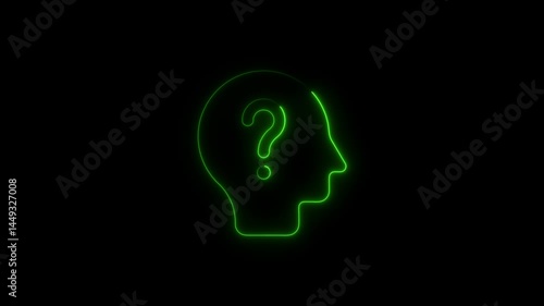 Animated green neon outline of a question mark inside a head silhouette