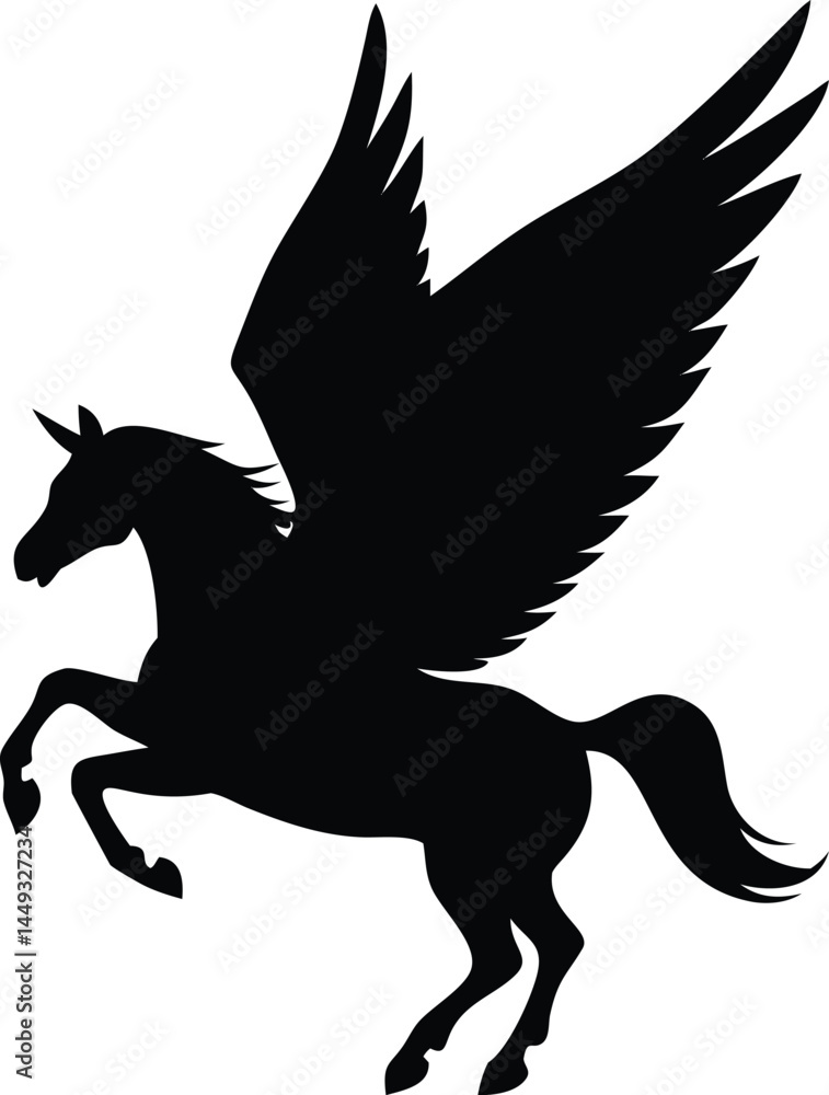 Fototapeta premium Graceful silhouette of Pegasus rearing up showing its majestic wings on a white backdrop