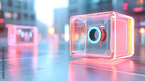 A futuristic dispenser creating endless loops of glowing tape in midair