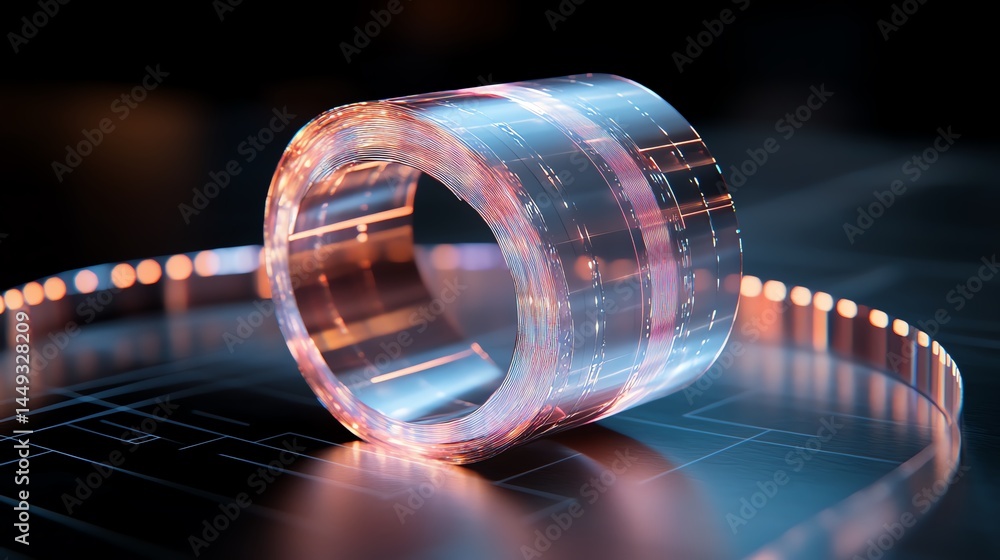 A holographic roll of tape creating luminous trails on a dark surface