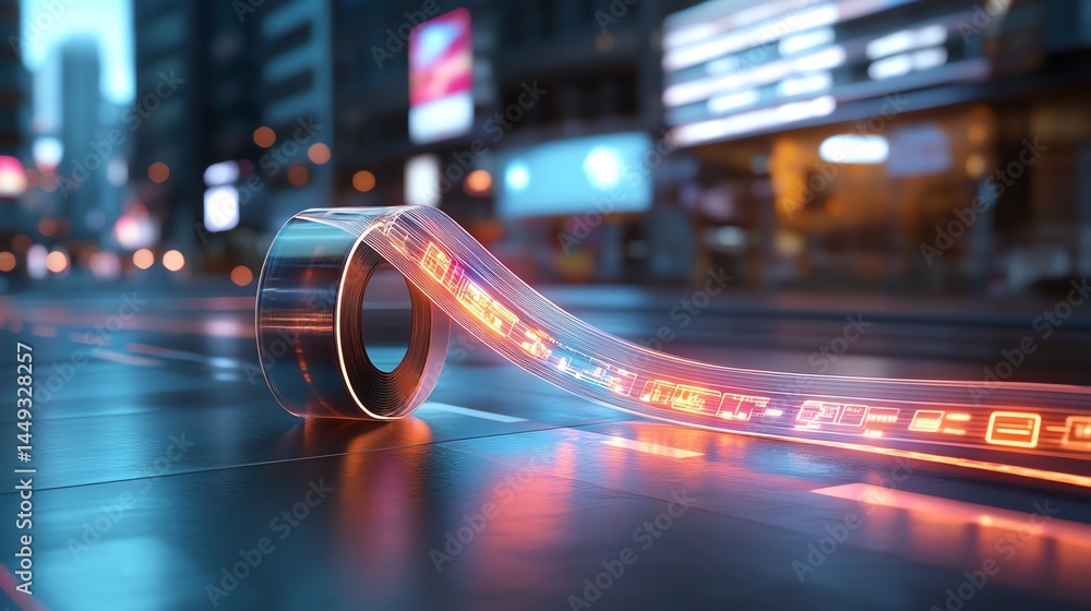A holographic roll of tape creating luminous trails on a dark surface