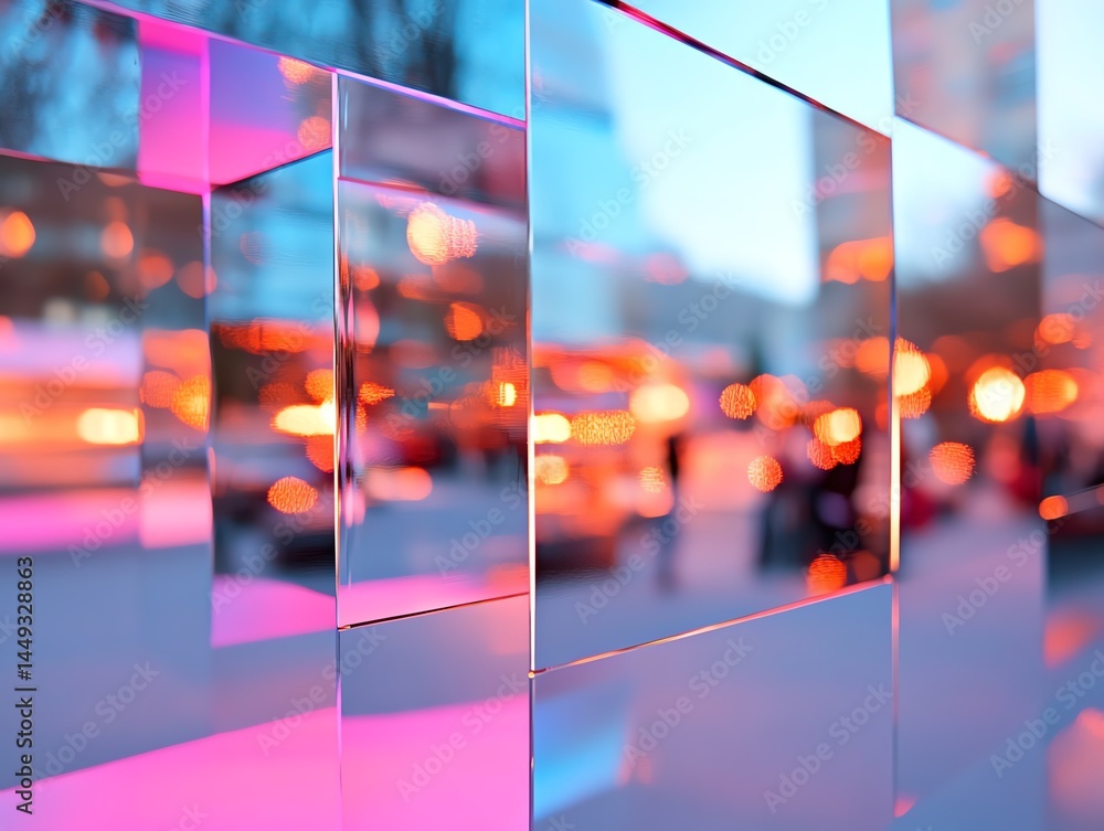 A reflective tape sculpture glowing under colorful studio lights