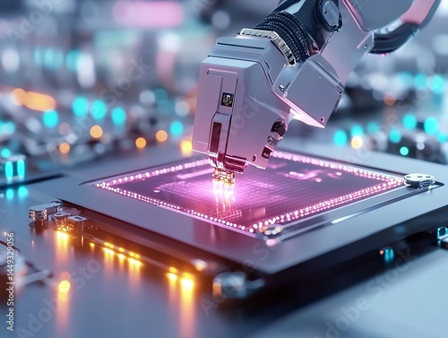 A robotic arm dispensing futuristic nanotape onto an alien device