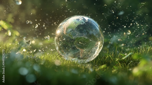 Transparent sphere on grass with water droplets