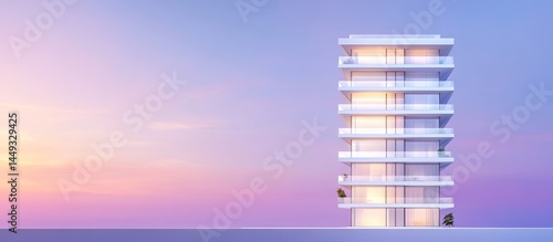 Modern Coastal Apartment Building at Sunset: A Serene Architectural Design