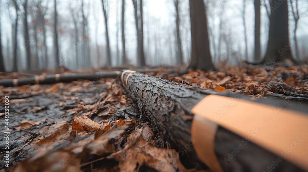 A surreal forest scene where tape holds fallen branches together