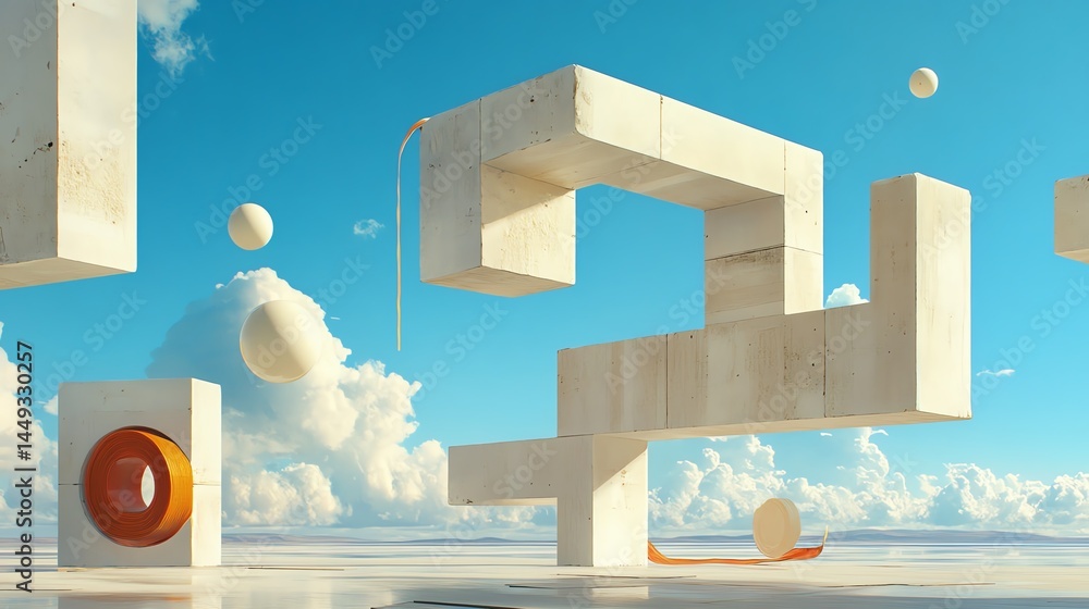 A surreal scene of tape forming bridges between floating objects