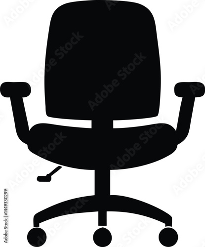 Isolated black silhouette reveals ergonomic office chair with armrests and rolling casters