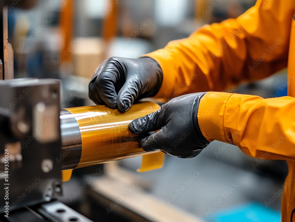 A worker wrapping safety tape around an industrial machine