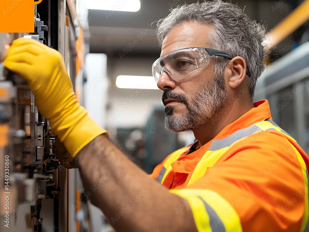 A worker wrapping safety tape around an industrial machine