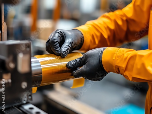 Obraz na płótnie A worker wrapping safety tape around an industrial machine w salonie
