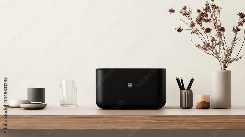 An ecofriendly tape dispenser on a desk, surrounded by minimalistic decor