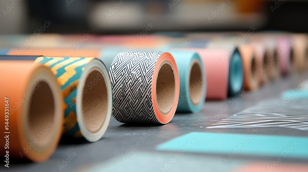 Brightly patterned washi tape creating intricate patterns on a craft project