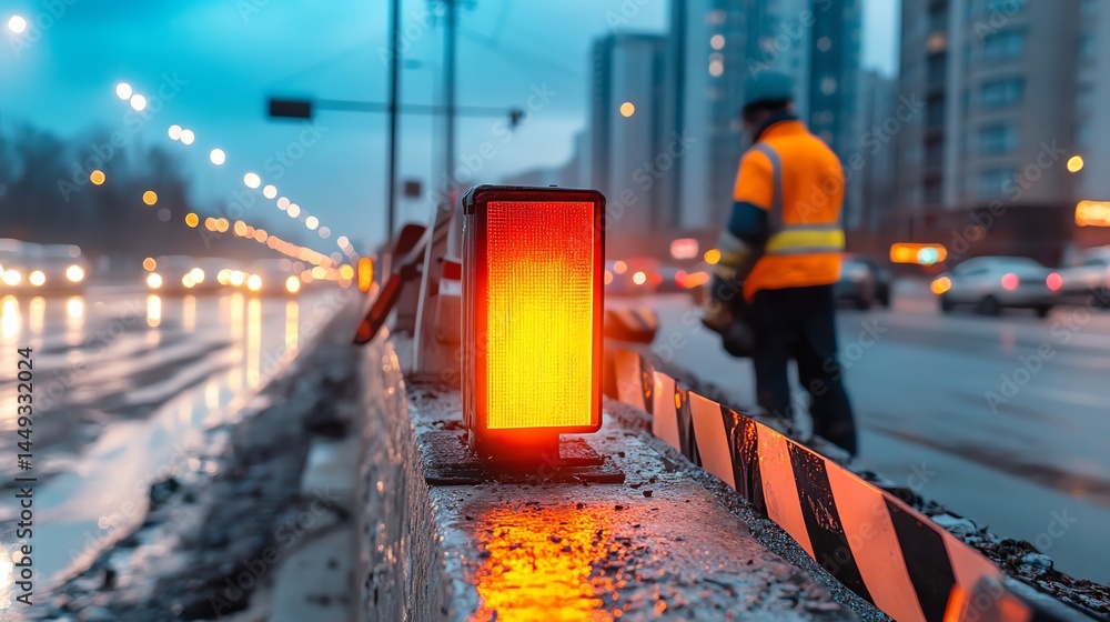 Closeup of reflective tape being adhered to a road barrier at night