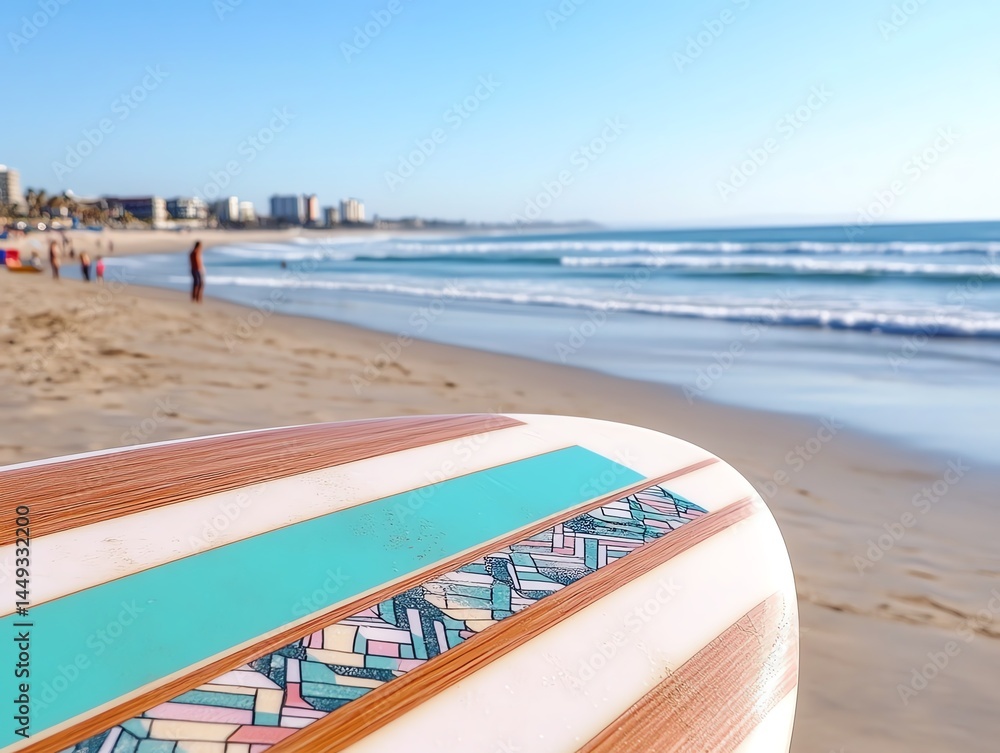 Colorful tape creating patterns on a surfboard in a beach setting