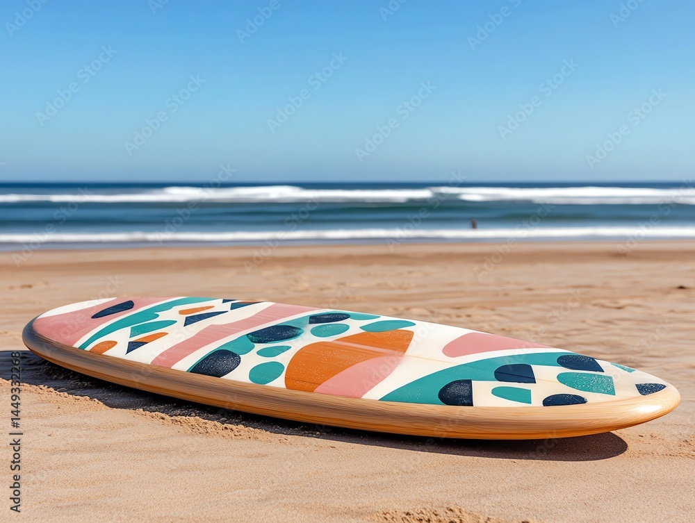 Colorful tape creating patterns on a surfboard in a beach setting