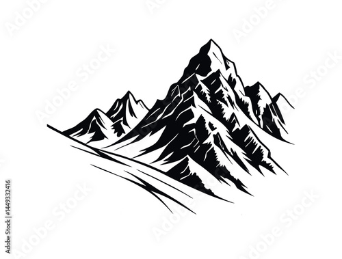  Mountain Silhouette,  A powerful, stylized silhouette of a mountain range.Majestic Mountain Silhouette Against a white Background, silhouette, graphic, illustration, vector, snow peaks, rock face, al