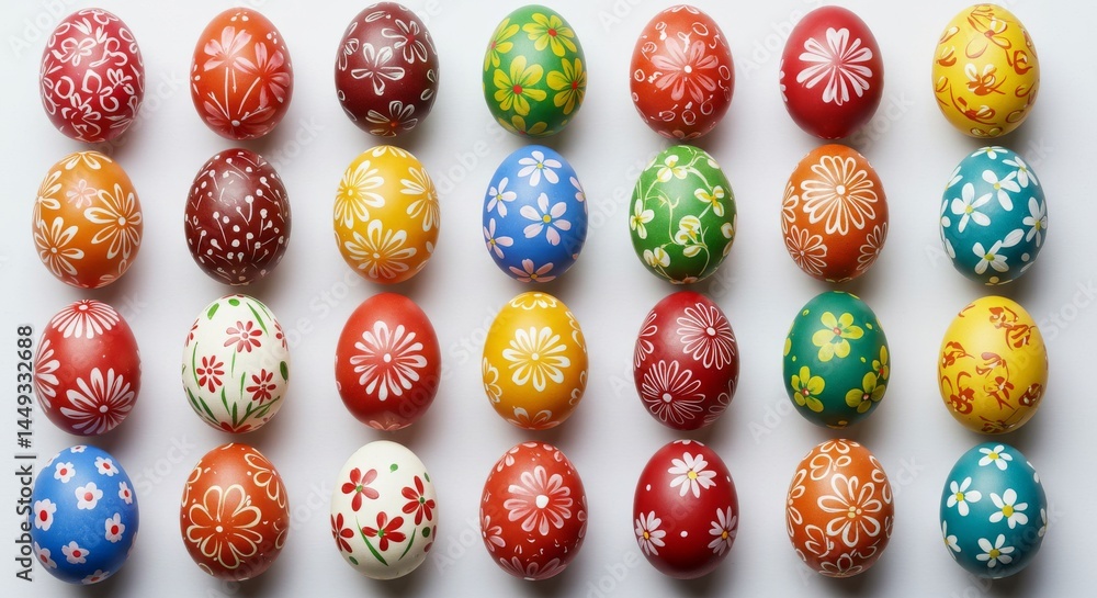 Colorful Easter Eggs Display - A vibrant collection of hand-painted Easter eggs, showcasing a variety of floral and abstract designs in bright colors. Perfect for spring celebrations and Easter themes Colorful Easter Eggs Display - A vibrant collection of hand-painted Easter eggs, showcasing a variety of floral and abstract designs in bright colors. Perfect for spring celebrations and Easter themes