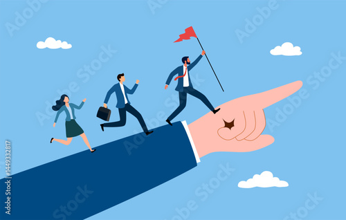 Leadership to lead team members, business direction to achieve goal or target, teamwork to success in work, businessman leader holding winner flag running lead business people on pointing finger.