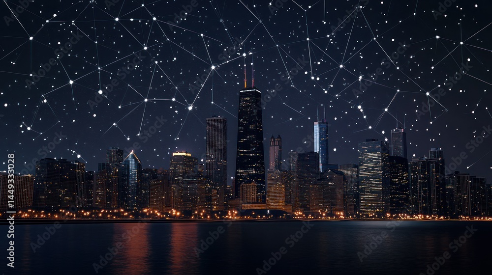Fototapeta premium Cityscape at Night with Digital Connections
