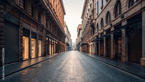 Fototapeta Naklejka Na Ścianę i Meble -  Empty european city street with classic architecture and storefronts at dawn