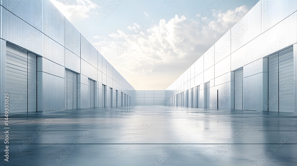 Expansive rear view of large white warehouse at distribution center showing logistics, storage, and shipping operations
Expansive rear view of large white warehouse at distribution center showing logistics, storage, and shipping operations