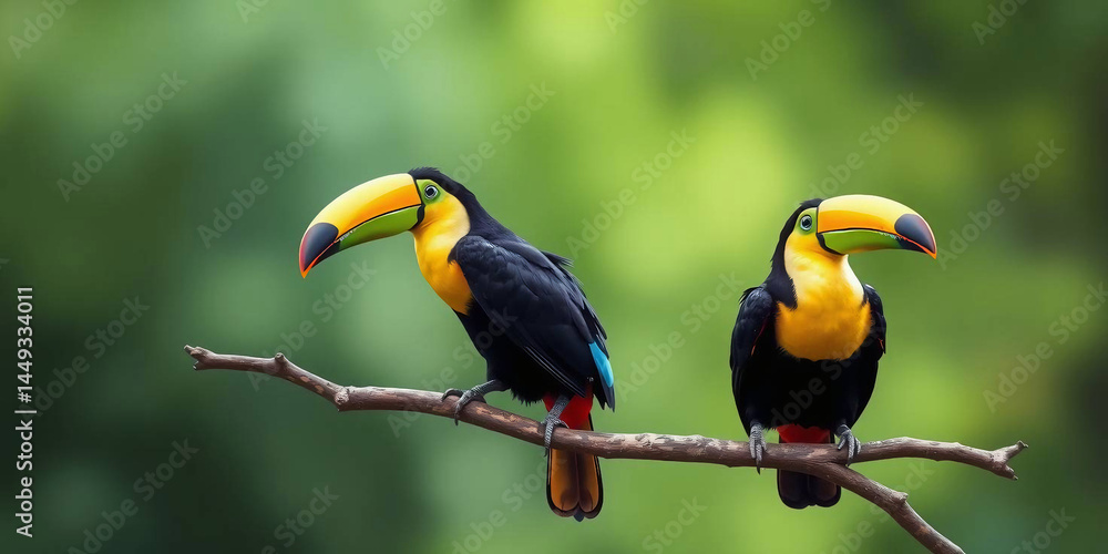 Obraz premium two toucans perched on a twisted branch against a blurred green background 