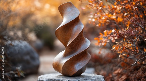 Abstract wooden sculpture, dynamic form, autumnal setting.