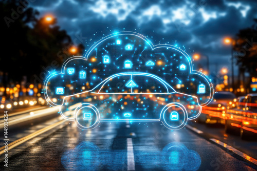 A digital cloud and car icon overlay a busy city street, symbolizing smart automotive technology and connected vehicles.