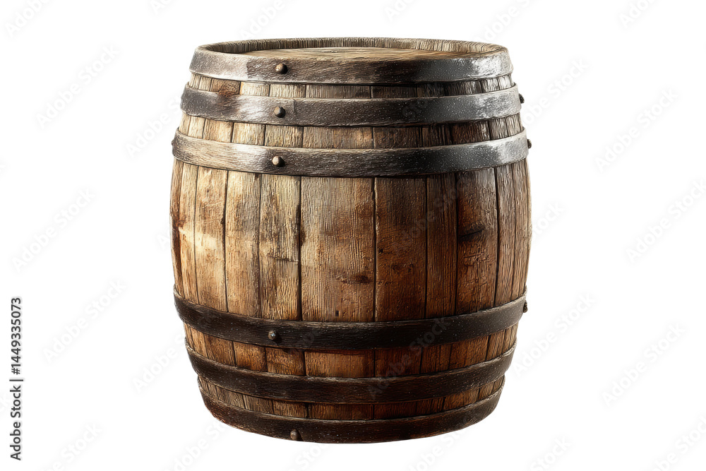 Rustic wooden barrel with metal bands on black background, cut out Rustic wooden barrel with metal bands on black background, cut out