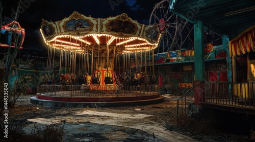 Abandoned amusement park carousel under a night sky.